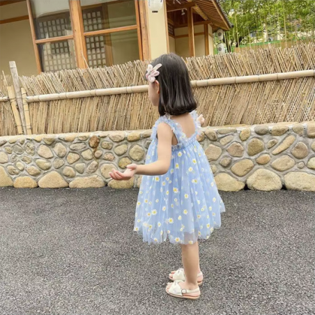 Vestido celeste con margaritas bordadas